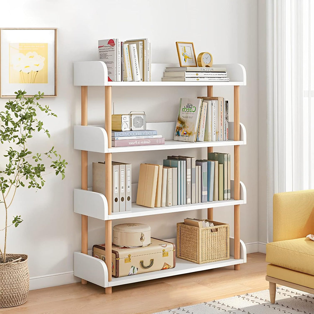 4-Tier Wooden Open Bookcase - Modern Display Bookshelf with Side Panels and S...