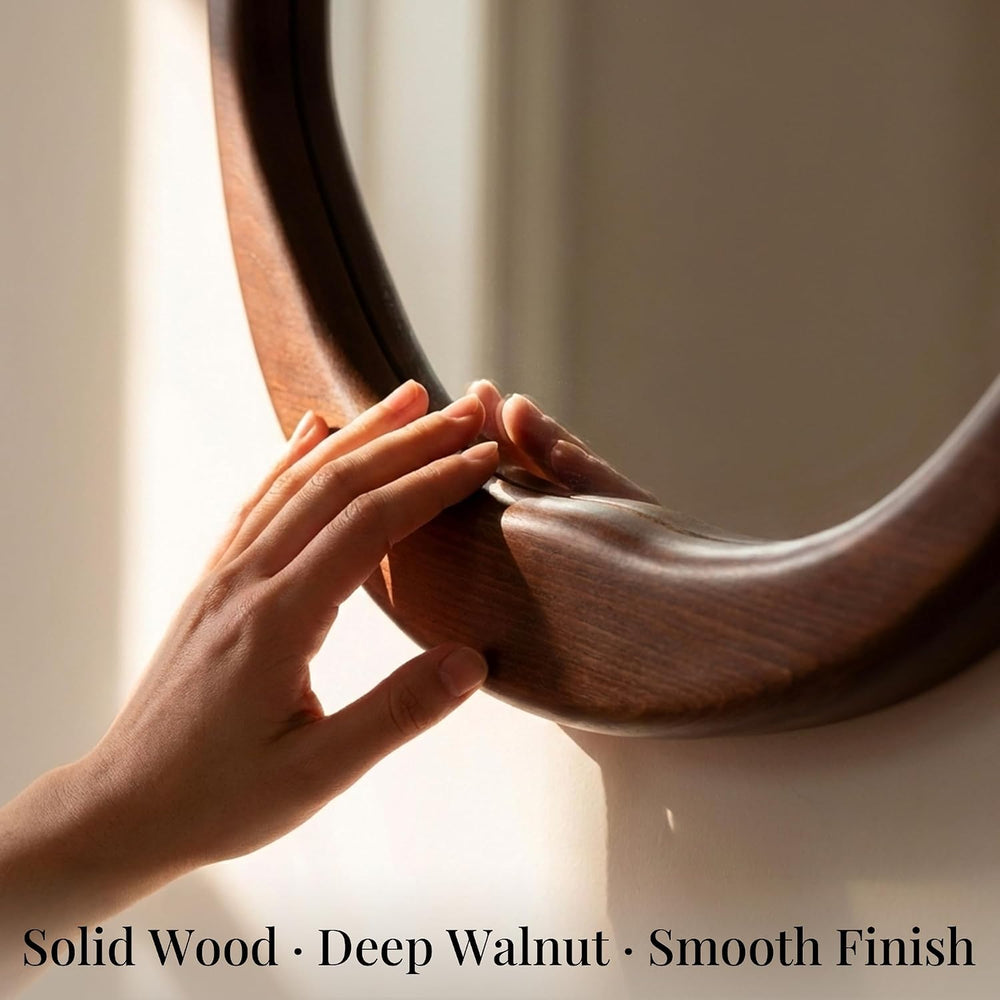 24 Inch Dark Walnut Round Wood Bathroom Mirror, Wavy Inner Edge