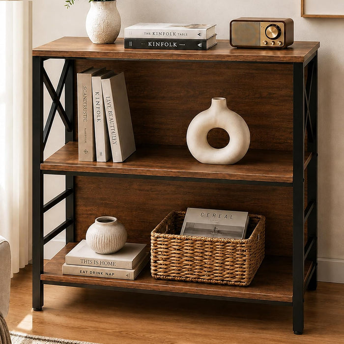 MNEETRUNG Book Shelf, Small 3-Tier Industrial Bookshelf with Strong Metal Frame & Backboard, 29.5" Short Bookcase for Small Spaces, Living Room, Bedroom and Home Office, Brown
