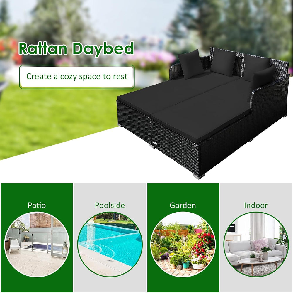 Tangkula Outdoor Rattan Daybed, Wicker Furniture with Spacious Seat, Upholste...