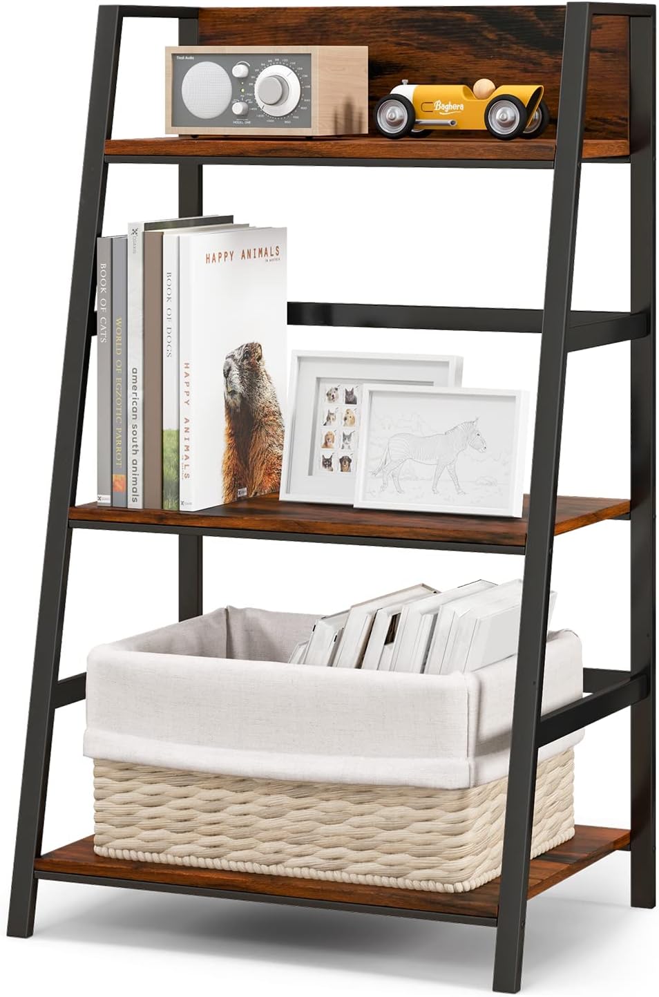 Tangkula 3-Tier Ladder Bookshelf, Industrial Wooden Bookcase w/Metal Frame, A...