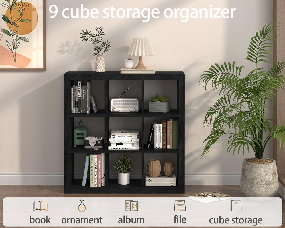 Bookshelf with Storage Bins, 9-Cube Storage Organizer Sturdy Wooden Bookcase ...