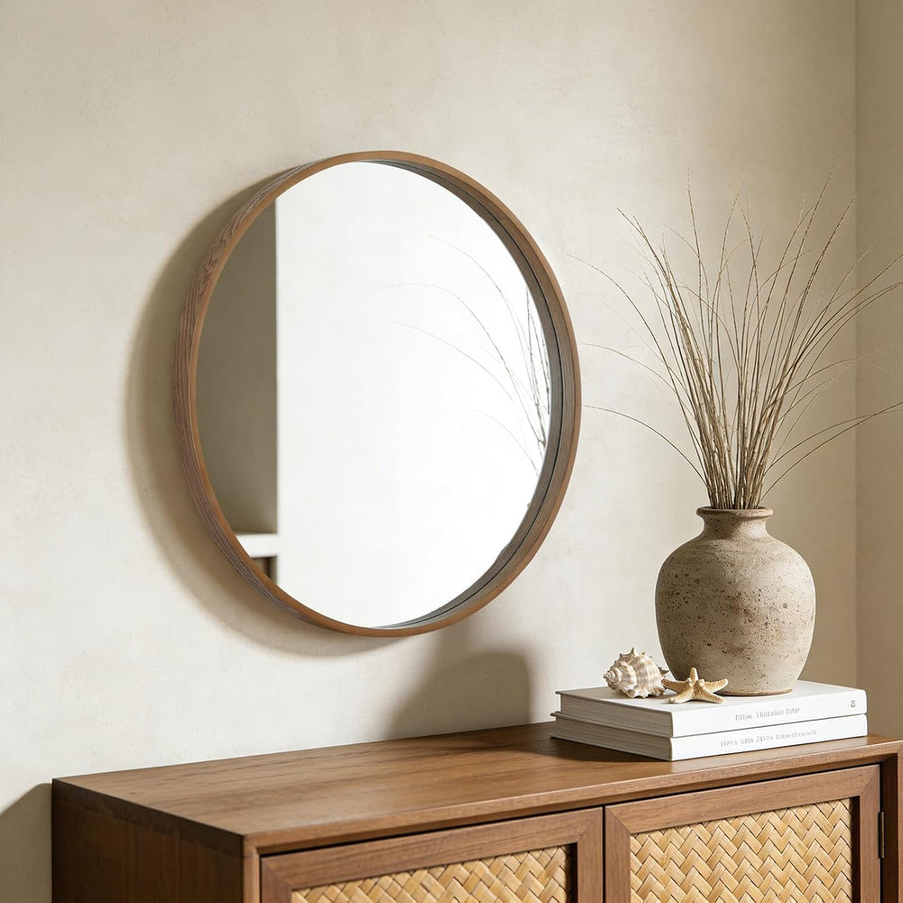 WallBeyond Wood Round Mirror with Wood Frame 24 inch Circle Wall Mirror for B...