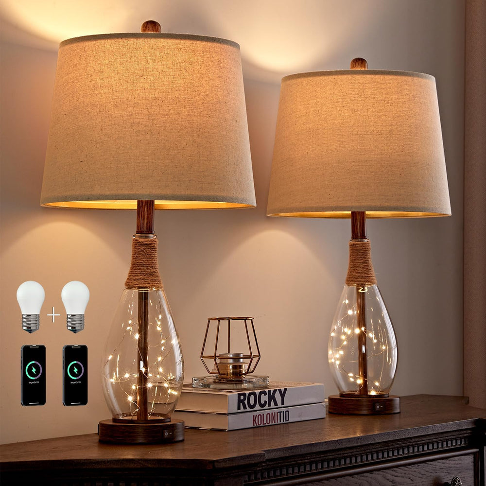 2 in 1 Bedside Table Lamps Set of 2, Farmhouse Glass Lamp, Wood-Like