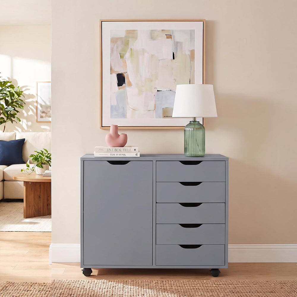 Naomi Home Amy 5-Drawer Rolling Drawer Dresser With Cabinet - Gray