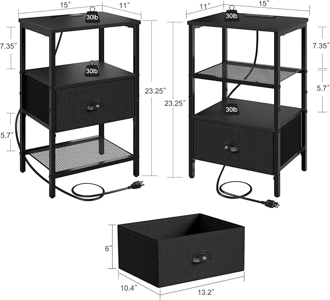 Sthmec Nightstands with Charging Station, LED Bedside Tables with Charging St...