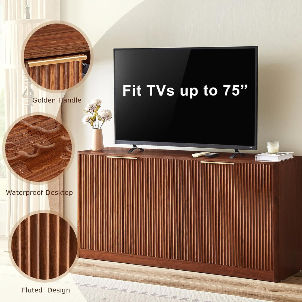 59" Walnut Fluted Sideboard Buffet Cabinet with Storage, Large Buffet Ca...