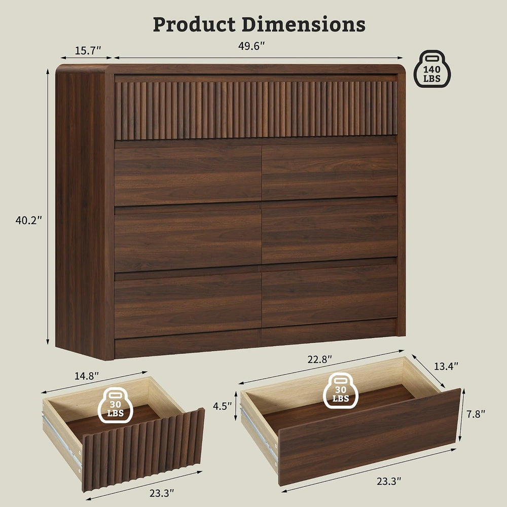 LYNSOM Walnut Fluted 9 Drawer Dresser for Bedroom, Curved Edge, 50" Wide