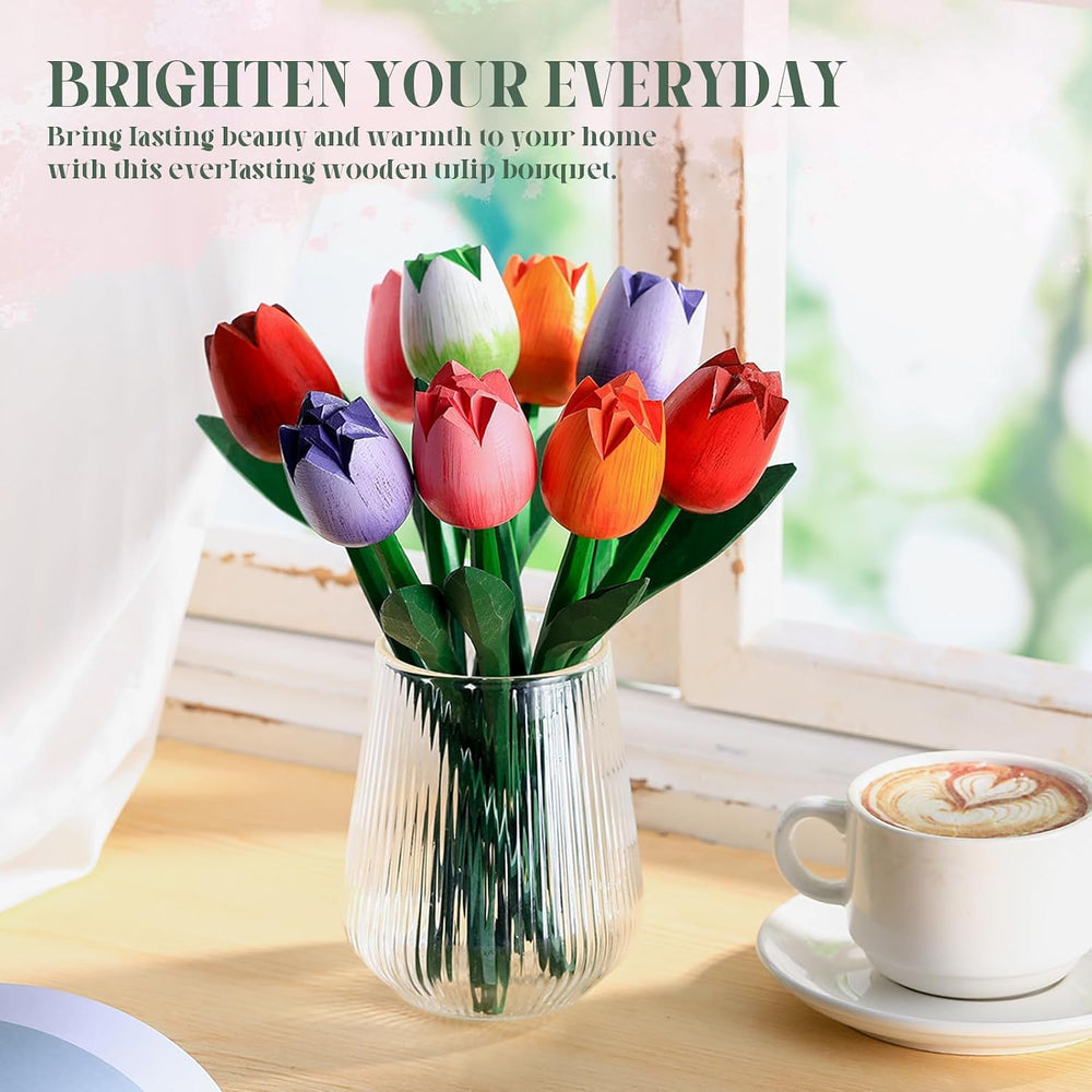 CroBlissful 10 Pcs 9 Inch Spring Wooden Tulip Flowers for Decoration