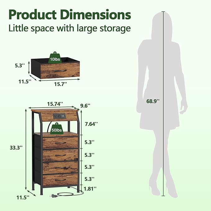 Furnulem Night Stand with Charging Station, Small Dresser with 4 Fabric Drawe...