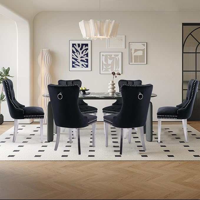 Velvet Upholstered Dining Chairs Set of 6, Modern Style Kitchen Side Chairs w...