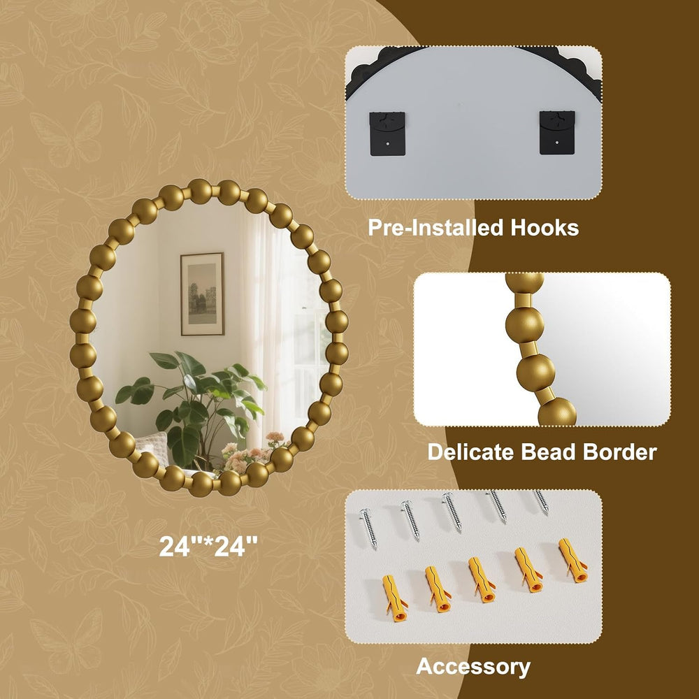 Easly Round Mirror for Wall, 24 Inch Gold Beaded Frame Decorative Vanity Mirr...