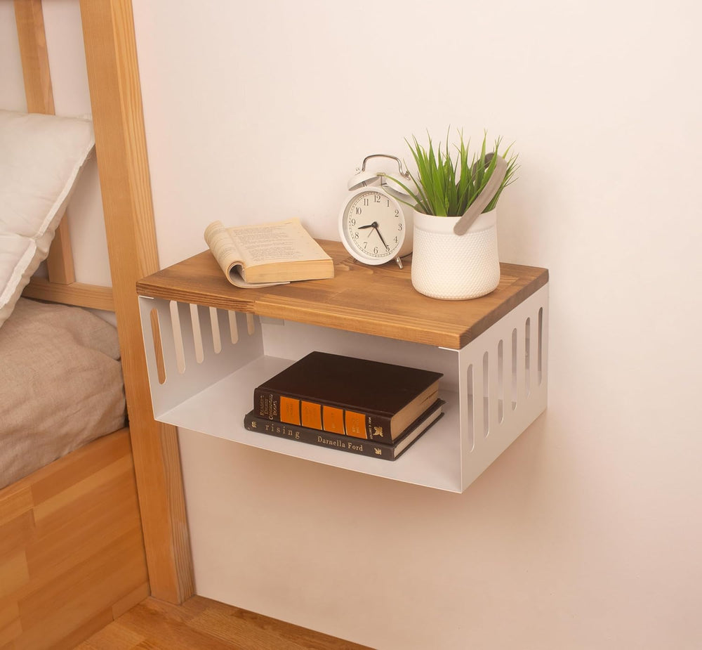 Floating Nightstand with White Metal Base, Wooden Top and Sturdy Metal Base, ...