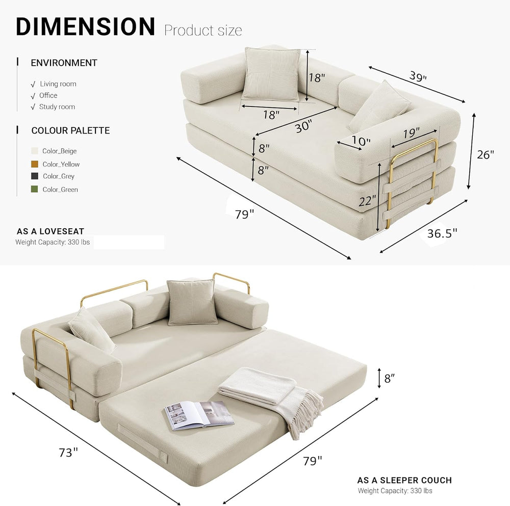 79" Convertible Sleeper Sofa Bed, Corduroy Folding Sofa Bed with Fixed-S...