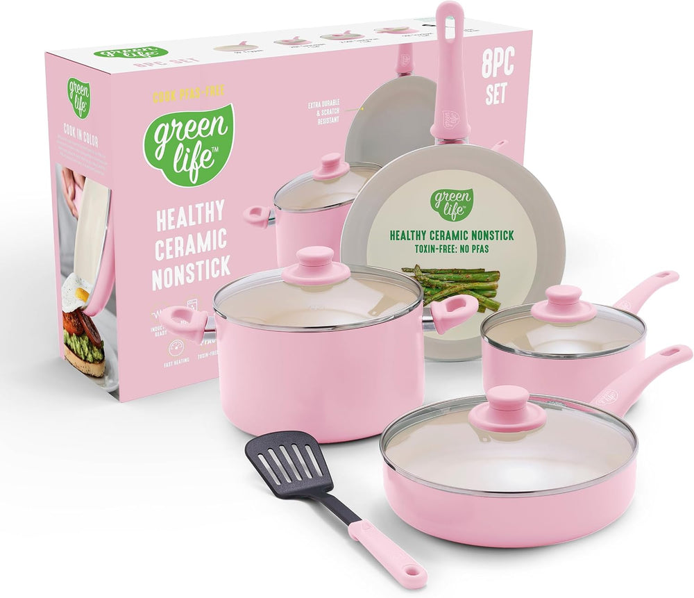 GreenLife 8 Piece Nonstick Cookware Set, Non-Toxic PFAS-Free Ceramic Pots &am...