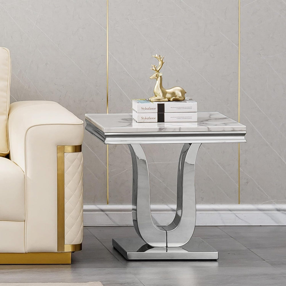 Faux Marble End Table, Modern Rectangular Conner Table with Faux Marble Top U...