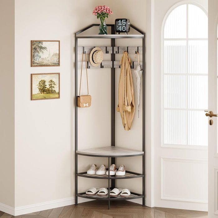 GiftGo Grey Corner Hall Tree with Shoe Bench Entryway Coat Rack with 10 Metal Movable Hooks Rustic Farmhouse Floorstanding Clothes Rack Shoes Shelf Organizer for Home Office Bedroom (Greige)