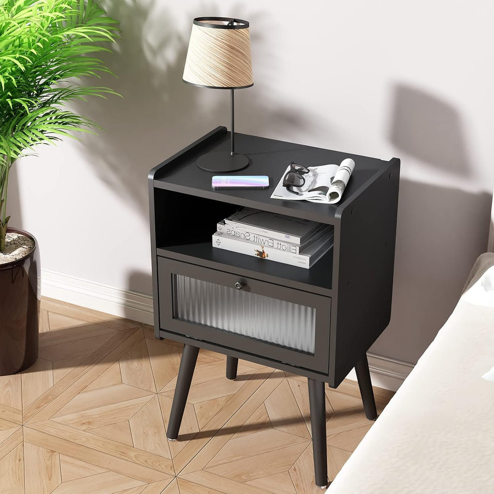 Mid Century Modern Nightstand, Bedside Table with Glass Door, Black | Side Ta...