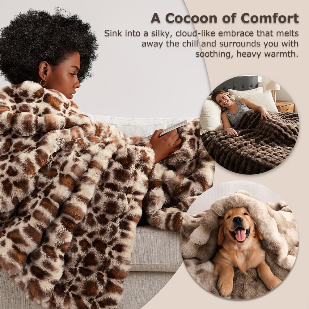 WDCOZY Luxury Bubble Throw Blanket, Brown Faux Rabbit Fur Mink Plush Throw fo...