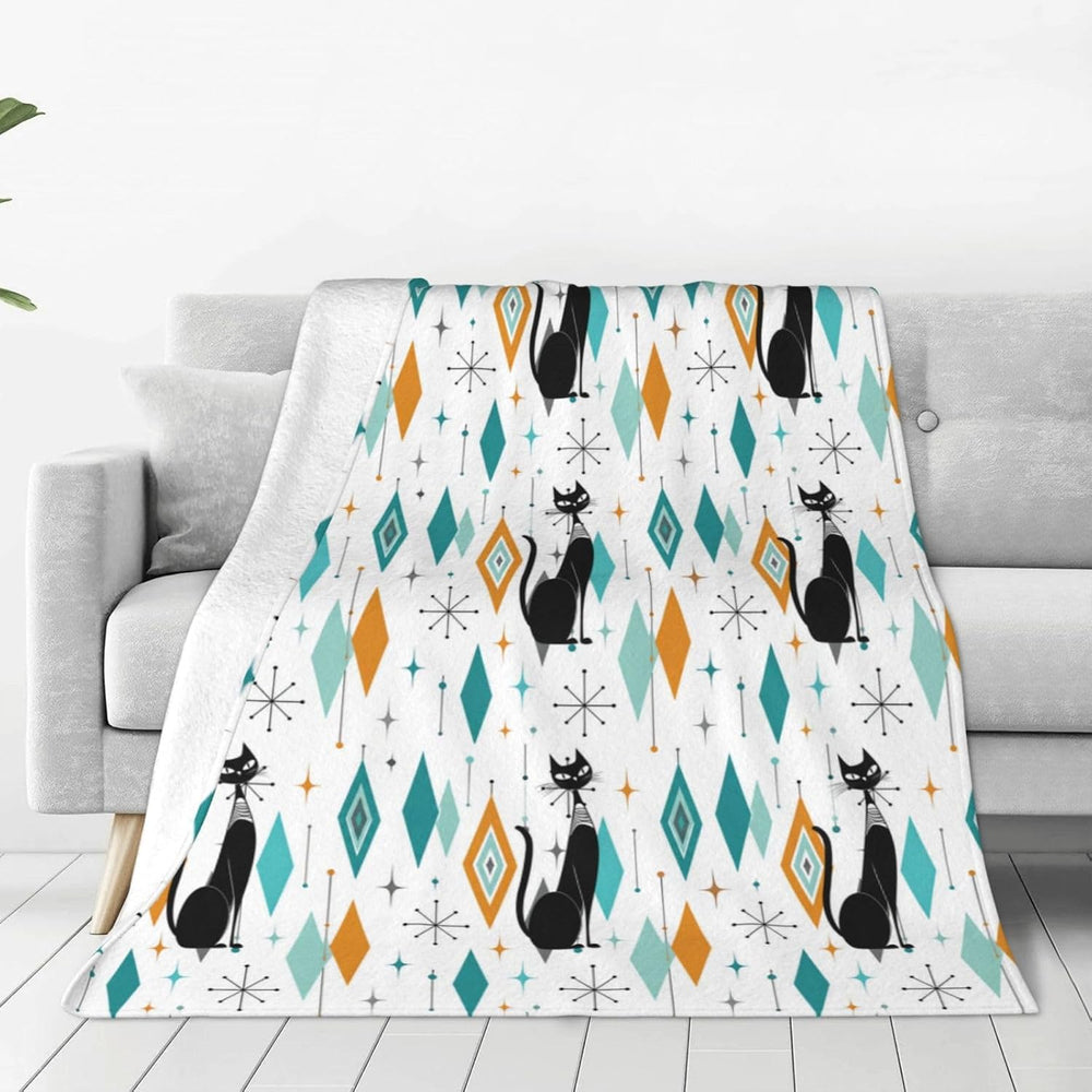 Mid Century Cat Fleece Throw Blanket Soft Flannel Plush Lightweight Warm Cozy...
