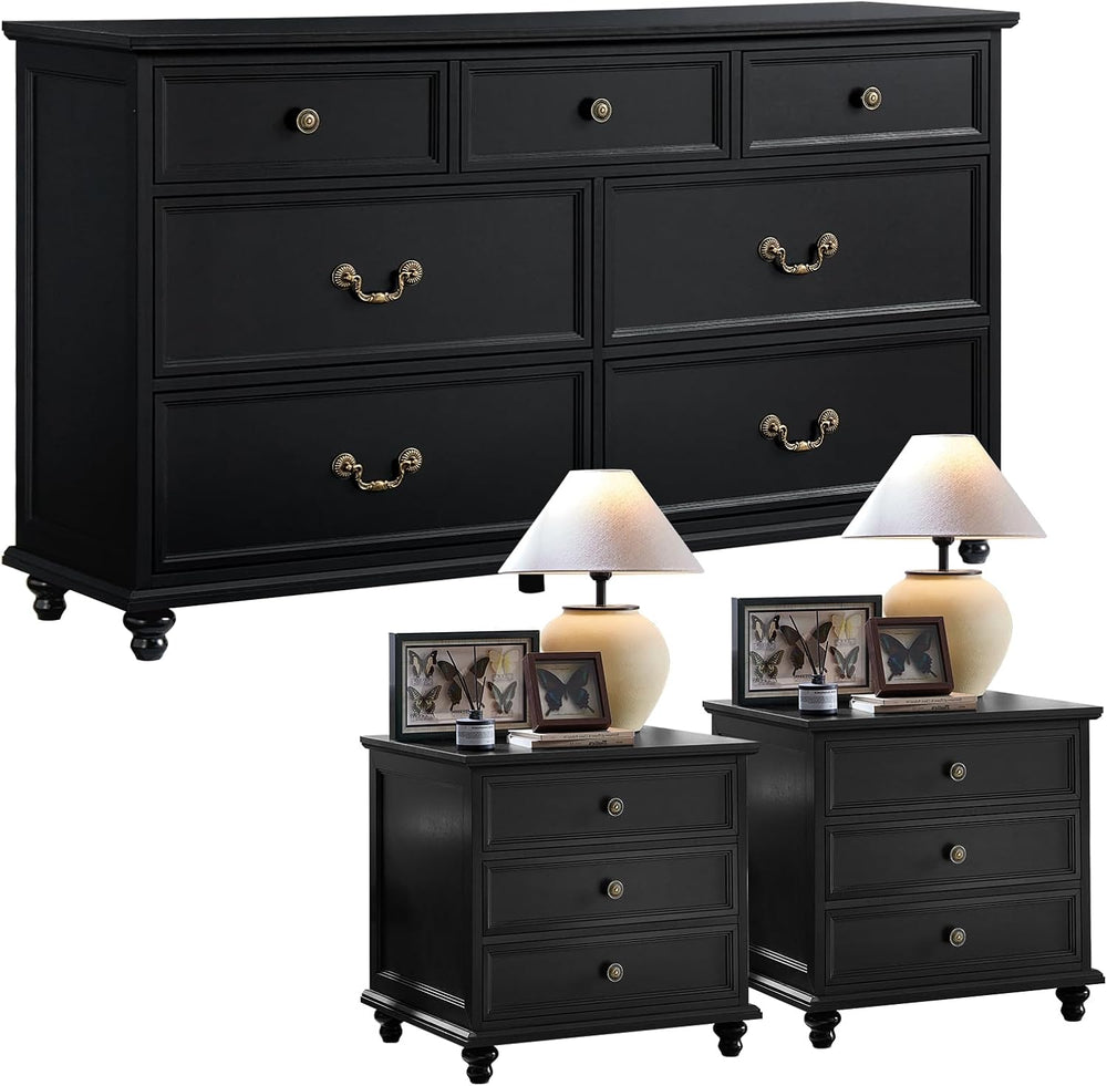 Joaxswe Farmhouse Dresser and Nightstand Sets 3 Piece, Nightstands Set of 2 a...