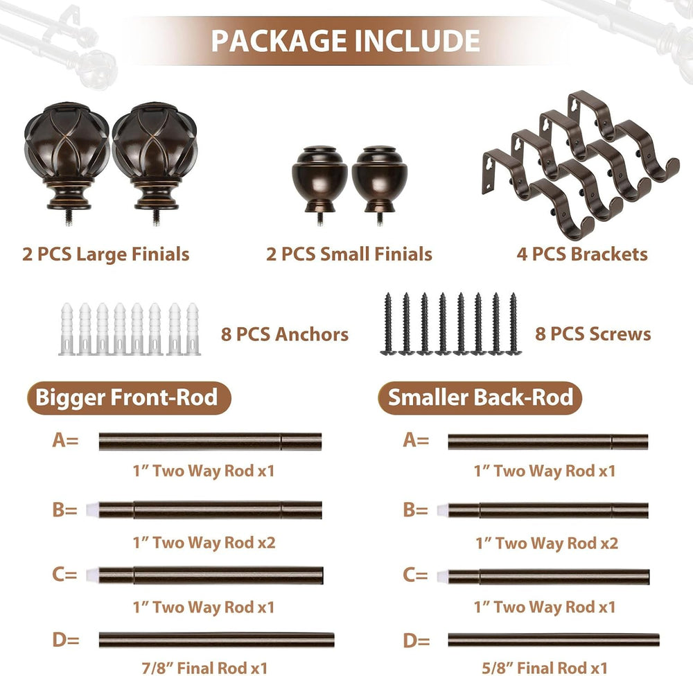 KAMANINA Double Curtain Rods for Windows 72 to 144 Inch, Adjustable, Bronze