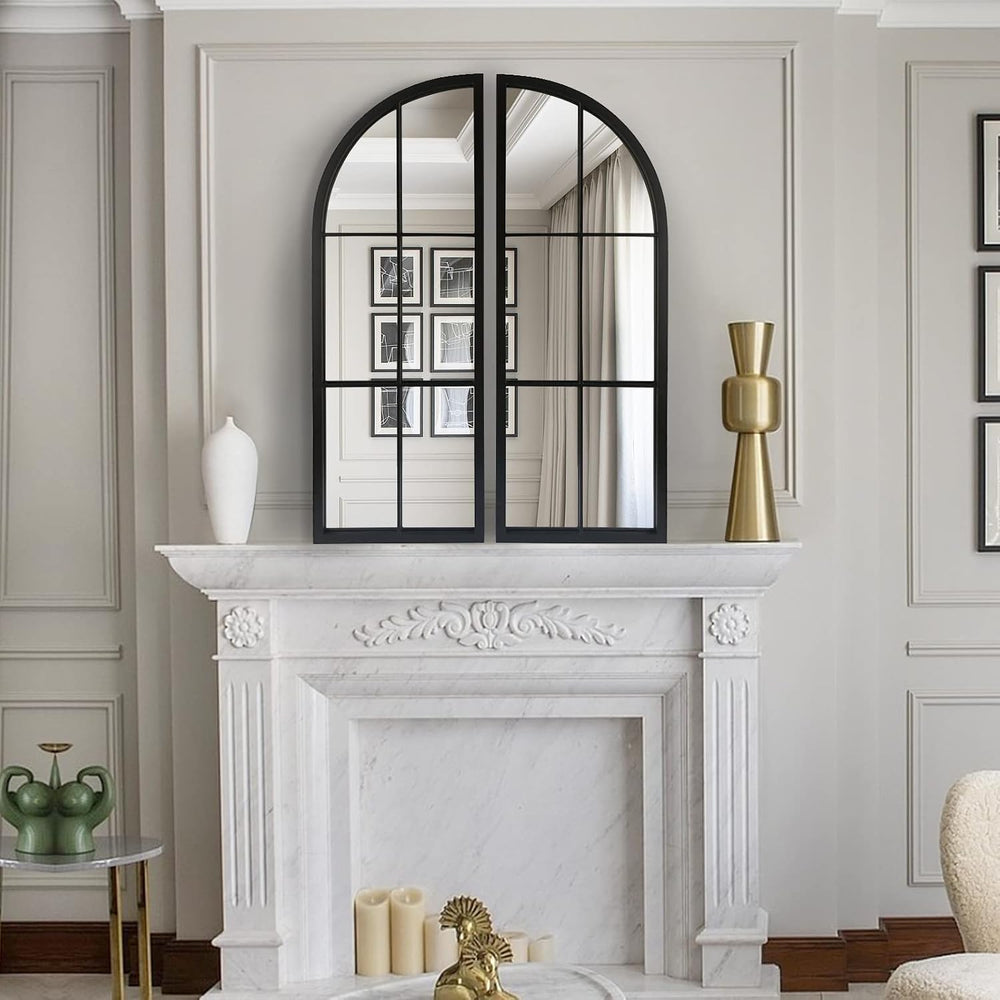OUSHUAI Black Arched Mirror Set of 2,Window Pane Mirror for Wall Decor,Farmho...