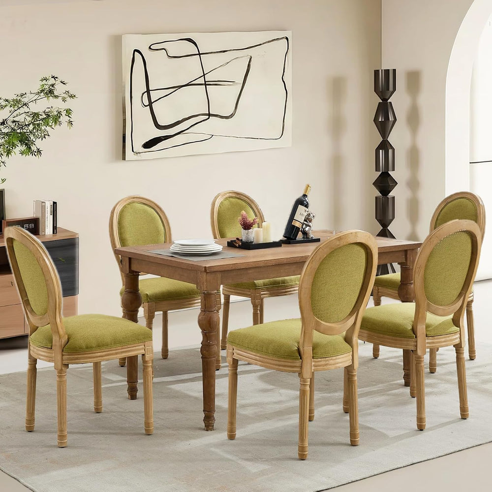 Linen Upholstered Dining Chairs Set of 6 French Country Oval Fabric Back Kitc...