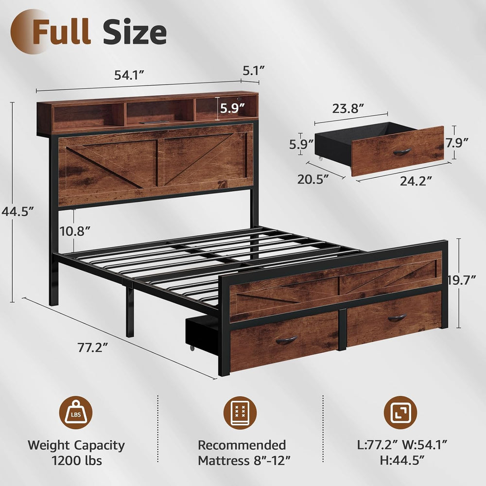 Rustic Full Size Bed Frame with Storage Drawers, Farmhouse LED Full Bed Frame...