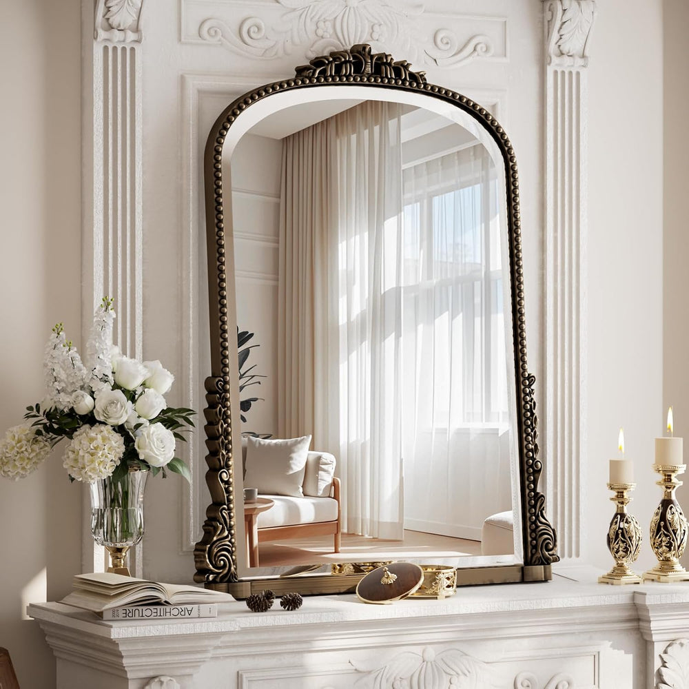 24"×32" Bronze Arched Wall Mirror with Vintage Carving