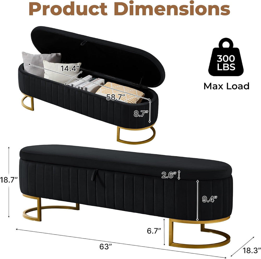 Storage Ottoman Bench, 63" Velvet End of Bed Bench Bedroom Bench King Si...
