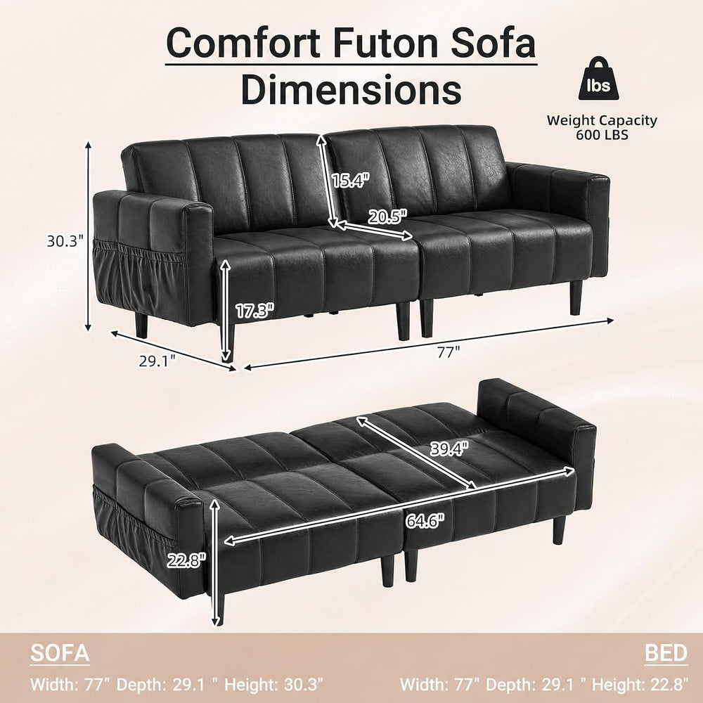 77" Mid Century Modern Faux Leather Couch, Black Leather Sofa Bed