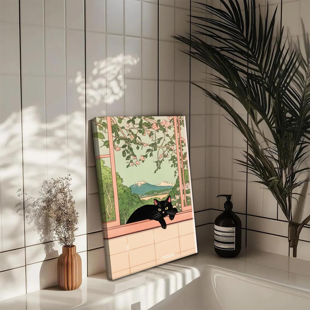 Japanese Bathroom Wall Art Set of 3, Cute Black Cat Bathtub Wall Decor, Funny...