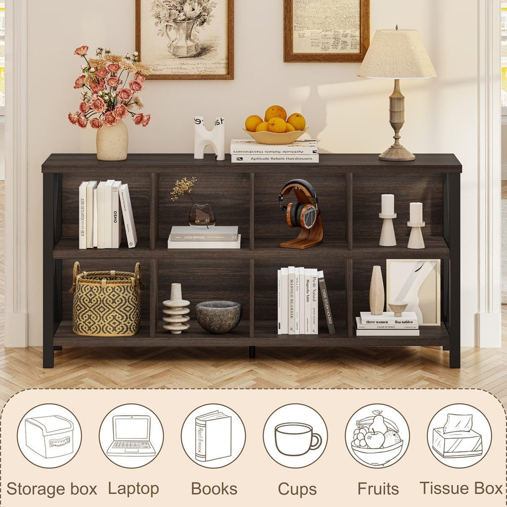 8 Cube Storage Organizer Bookshelf, 62 Inch Rustic Wood Horizontal Bookcase, ...