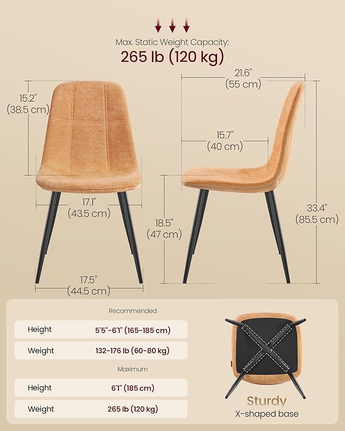 VASAGLE Set of 6 Dining Chairs, Dining Room Kitchen Chairs, Metal Frame, Adju...