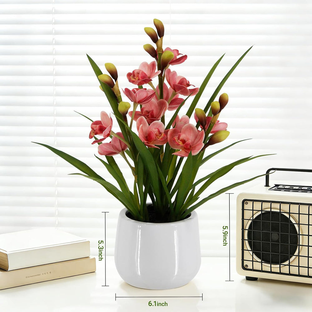 Faux Orchid Plant 19" Tall, Realistic Touch Leaves, Potted Cymbidium Art...