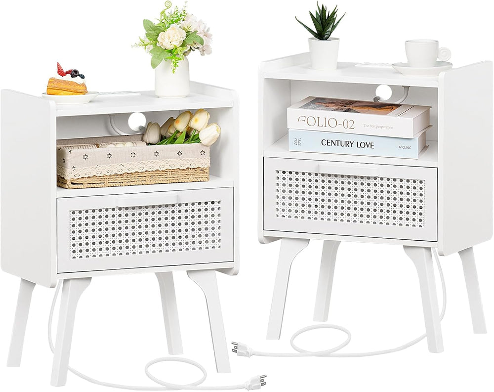 Lerliuo Rattan Nightstands set of 2 with Charging Station, Side Table with Dr...