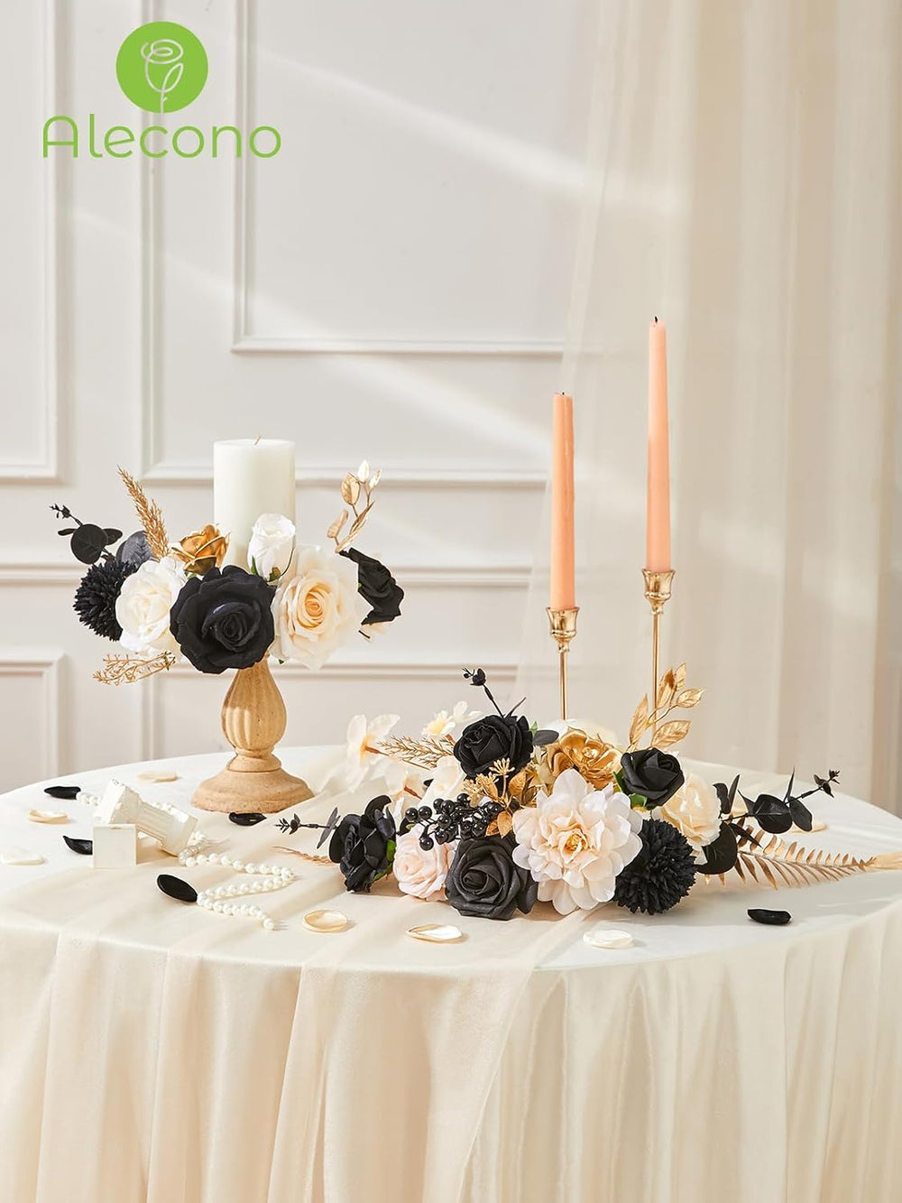 Alecono Silk Artificial Flowers, Black Champagne DIY Wedding Bouquet Set