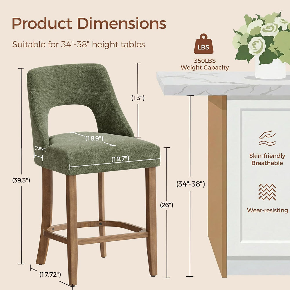 UVV Bar Stools Set of 2, Upholstered Counter Height Bar Stools, Modern Counte...