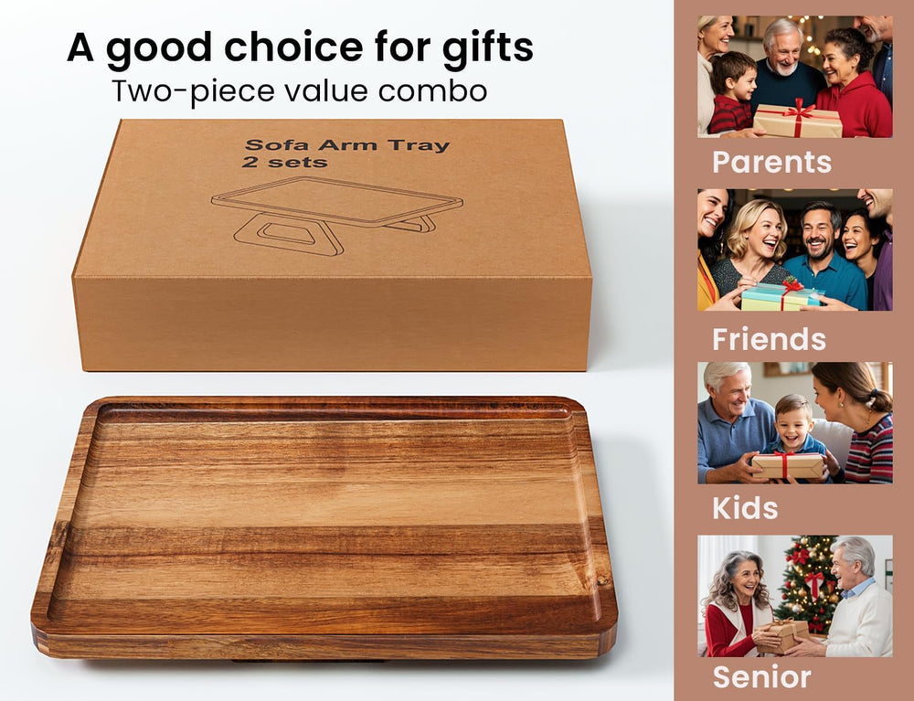 2 Pack Acacia Wood Couch Arm Tray,Couch Tray,Folding Sofa Armrest Trays,Couch...