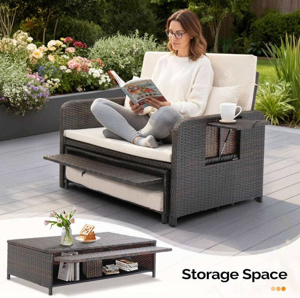 VINGLI Patio Daybed, Wicker Outdoor Daybed with Storage Ottoman & 5-Level...