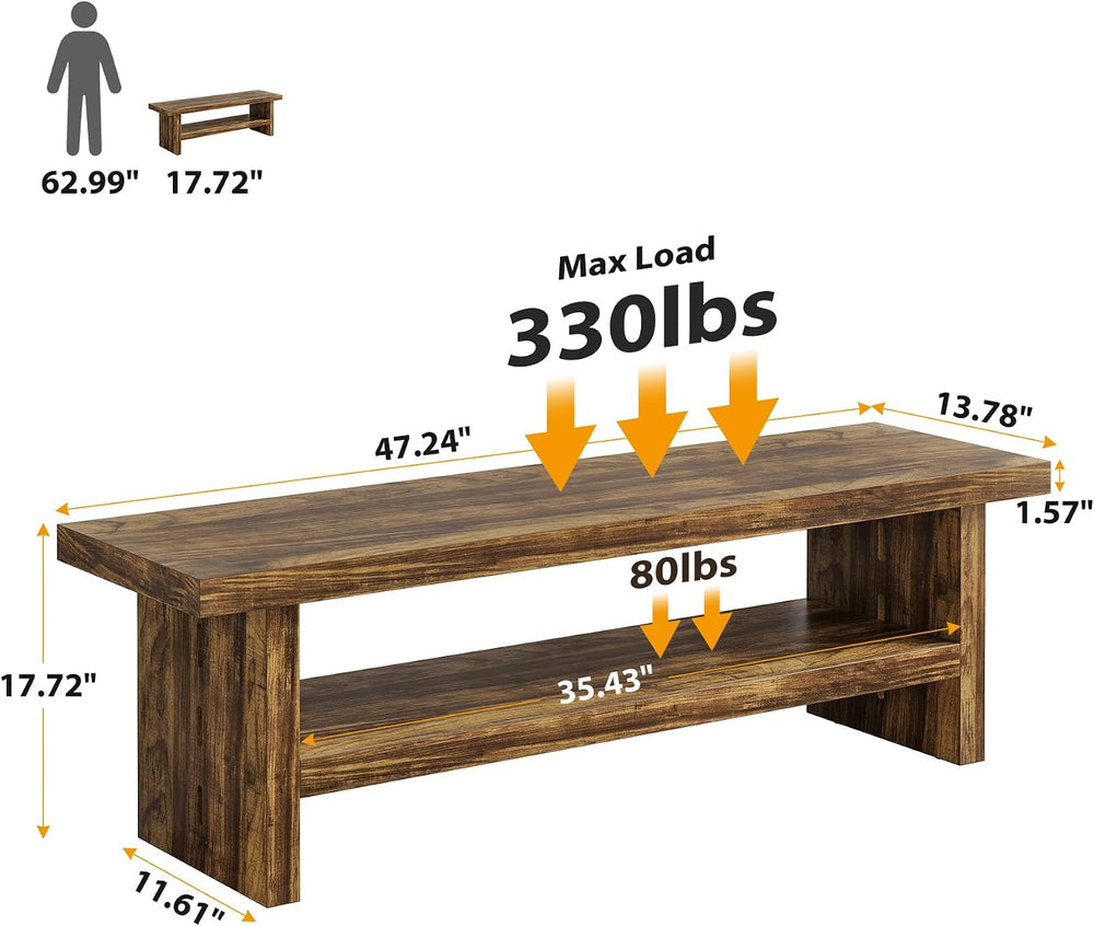 2 Tier Entryway Bench, 47.24" Shoe Bench, Rustic Shoe Rack, Wooden Stora...