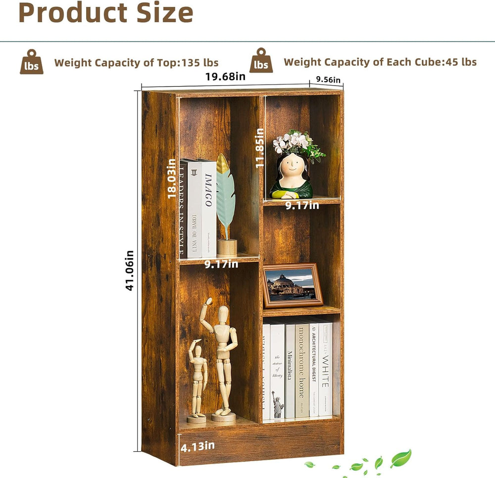 LEYAOYAO 5 Cube Mid-Century Modern Brown Wood Bookcase, 3 Tier Storage Organi...