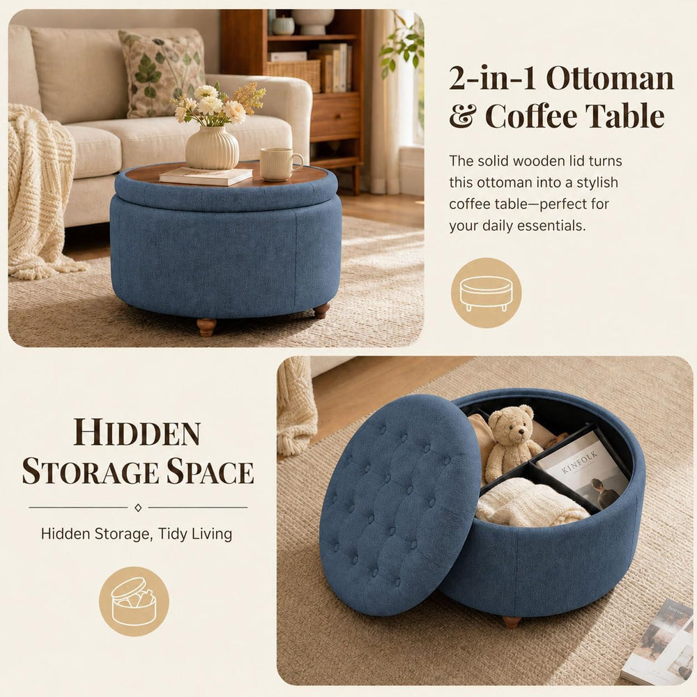 25" Round Ottoman with Storage, Small Coffee Table with Reversible Tray Lid