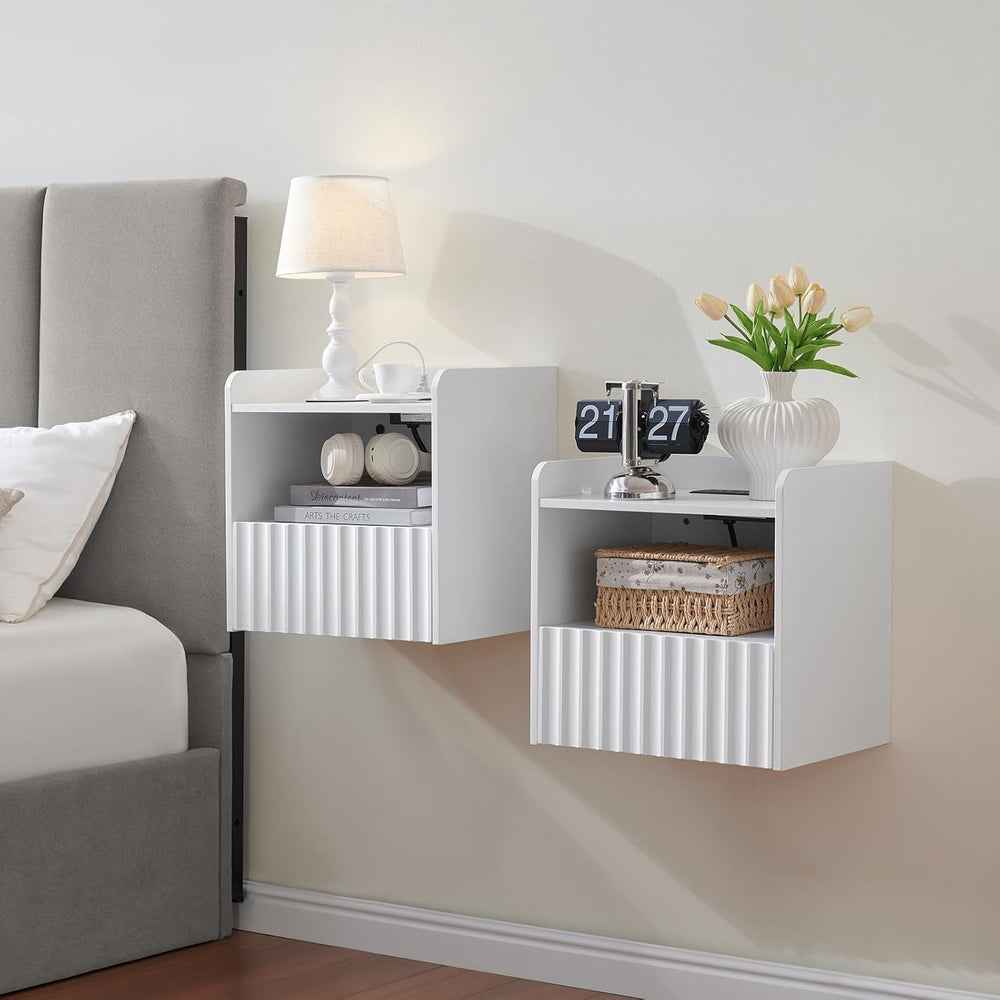 Modern Fluted Floating Nightstand Wall Mounted Set of 2- Bedside Table with S...