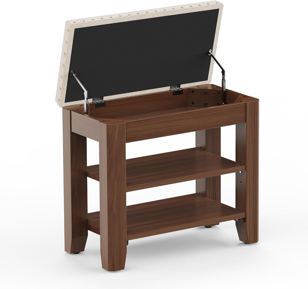 Shoe Bench for Entryway, Solid Rubberwood Shoe Bench with Hidden Storage, Adj...