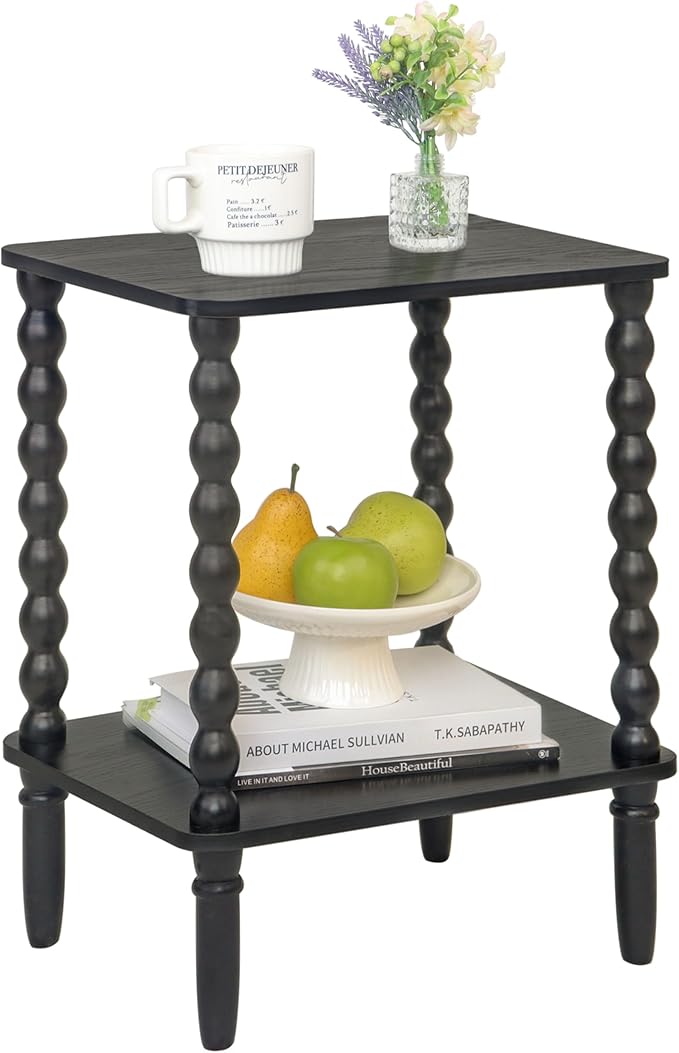 Black Side Table, Small End Table with 2-Tier Shelf, Vintage Night Stand with...