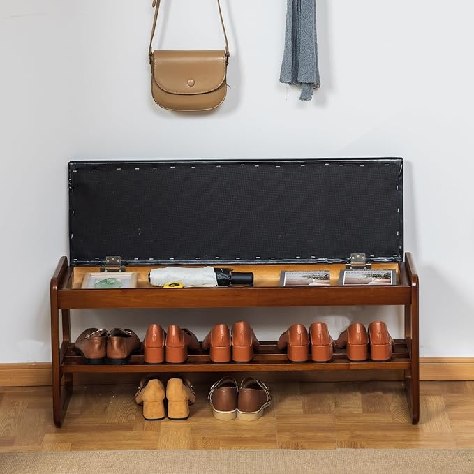 latifolia Solid Wood Bench, Entryway Shoe Bench with Cushion, Flip-Open Stora...