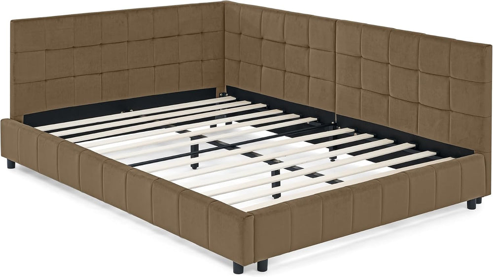 RuiSiSi Full Size Corner Beds, Upholstered Daybed with L Shaped Headboard, Ve...