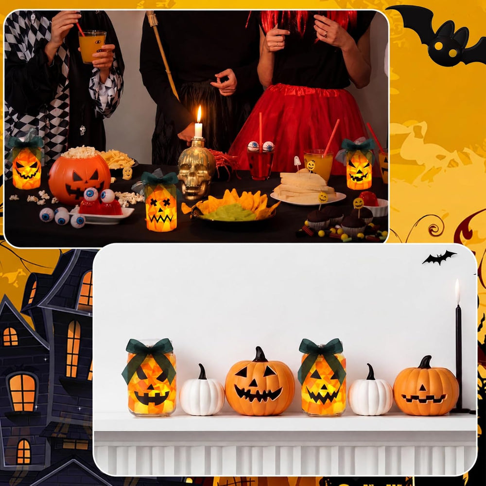 Qinyoung 12 Pcs Halloween Jack-o-lantern Crafts Pumpkin Mason Jars with LED